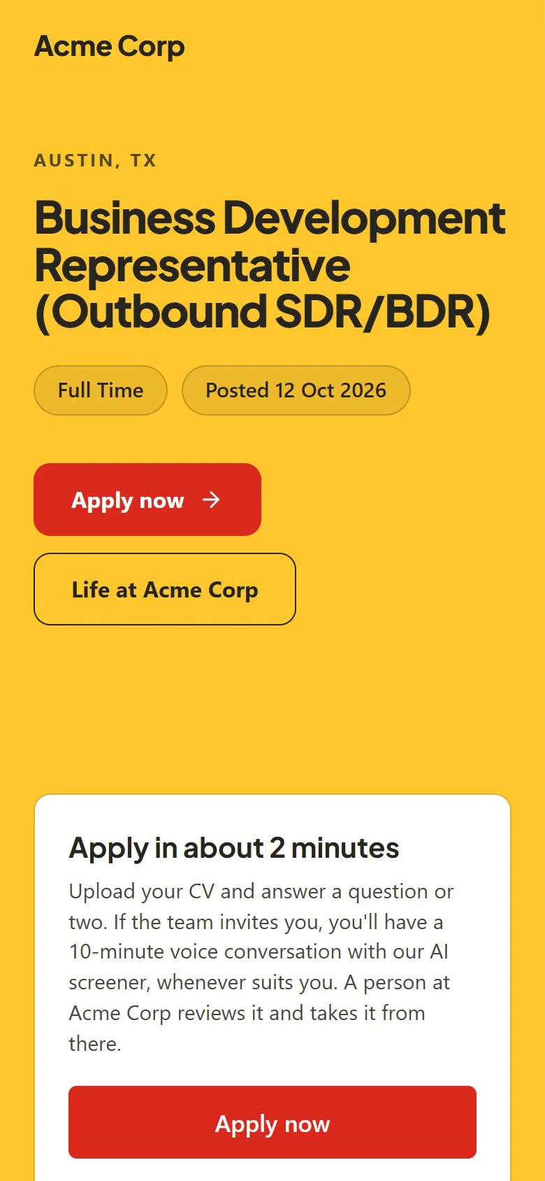 The same job page in a client's brand: their logo, colors and fonts.