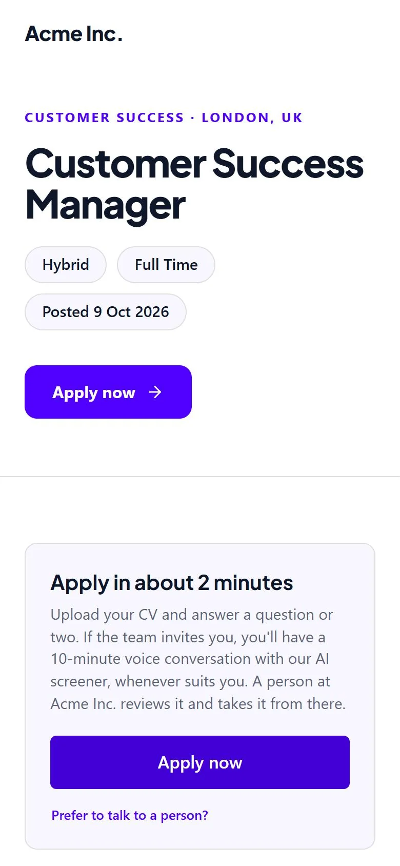 A generic job page with vendor styling and no client brand.