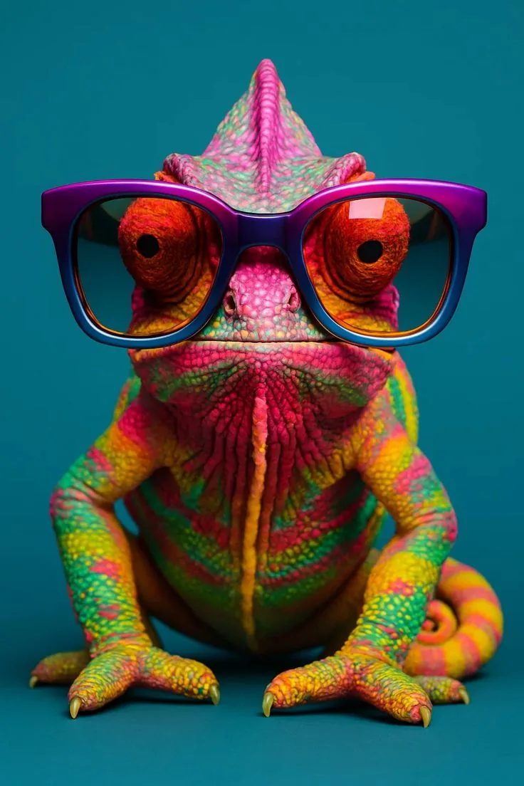 A colorful chameleon wearing purple glasses