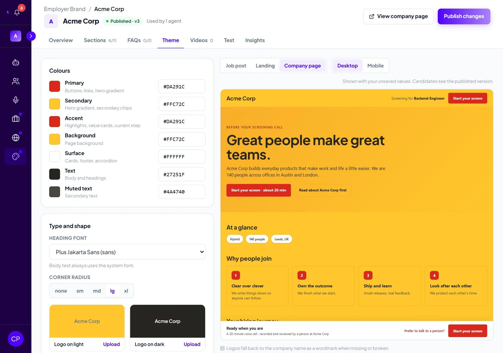 RoundOne's employer brand theme editor: per-client colors, heading font and corner radius, with a live preview of the client's company page.