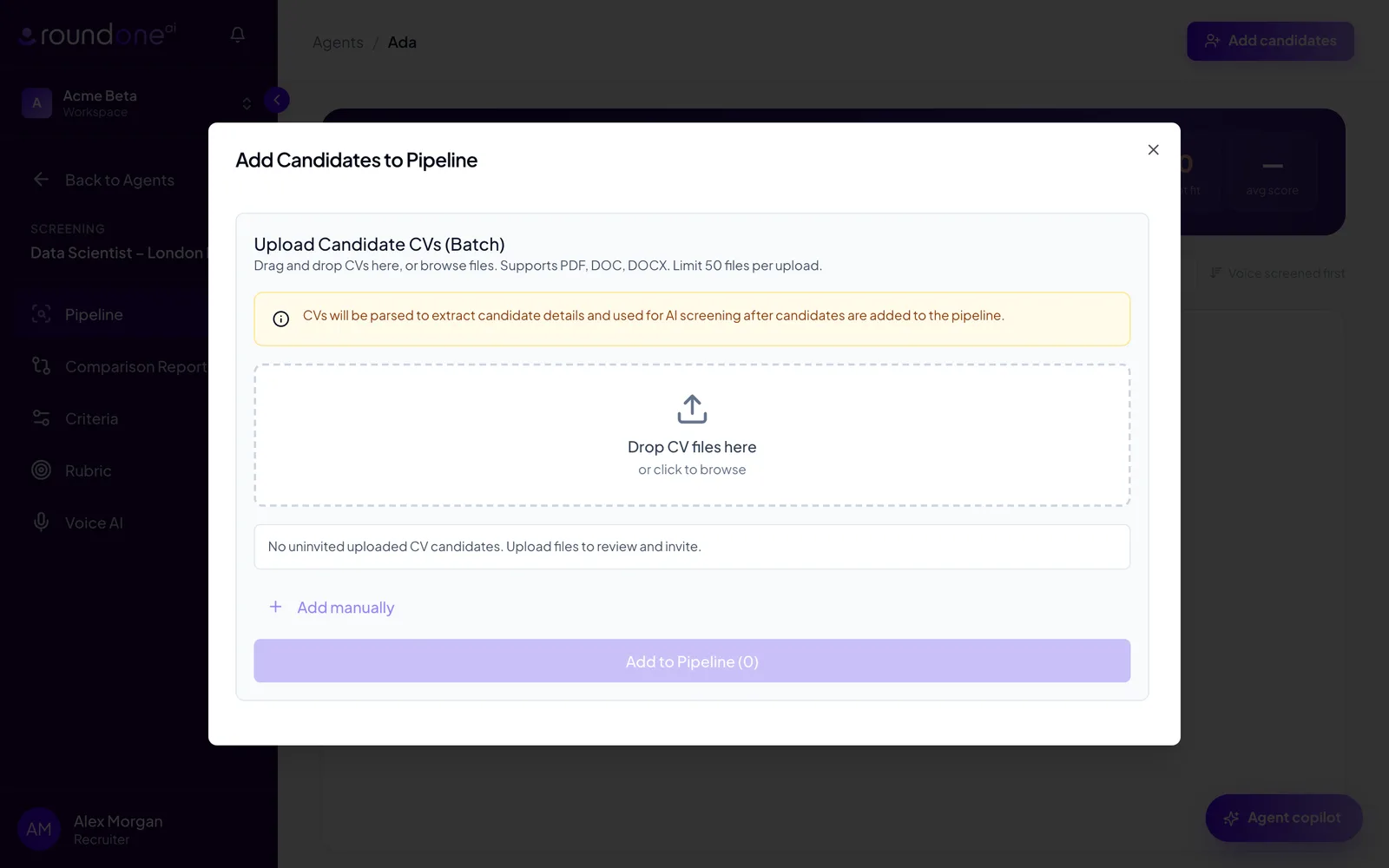 The Add Candidates to Pipeline dialog with an Upload Candidate CVs (Batch) section, a Drop CV files here area, an Add manually link and a disabled Add to Pipeline button