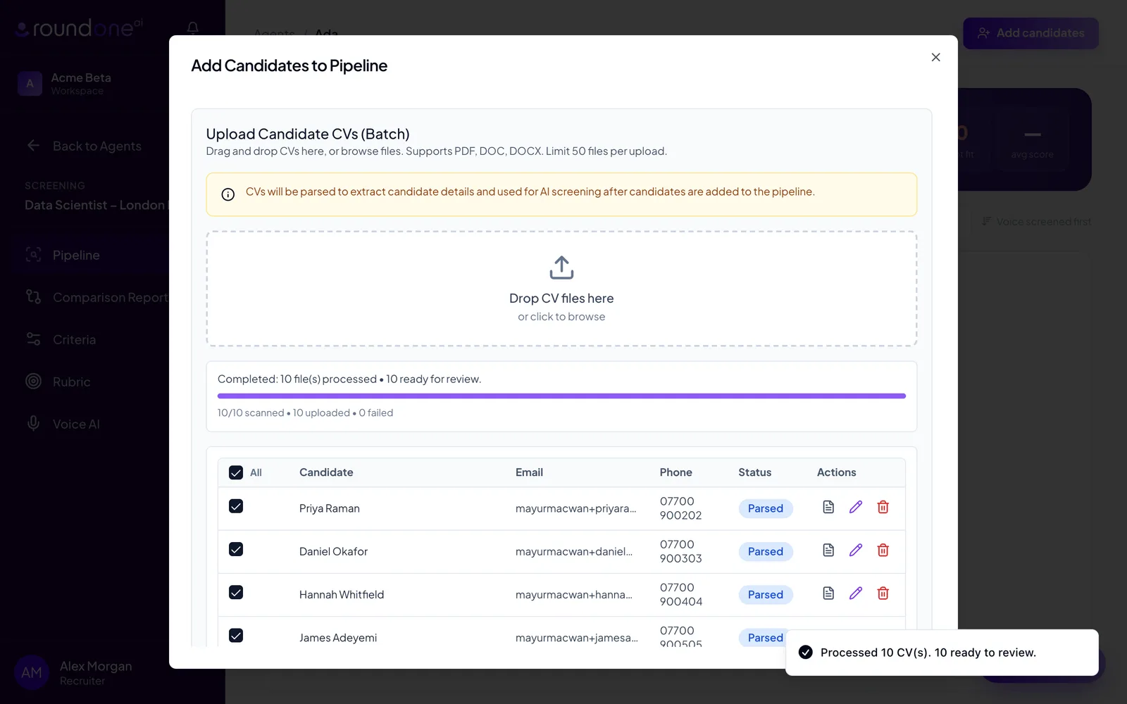 The dialog after processing ten CVs, with the status "Completed: 10 file(s) processed • 10 ready for review" and a table of parsed candidates with names, emails, phone numbers and Parsed badges