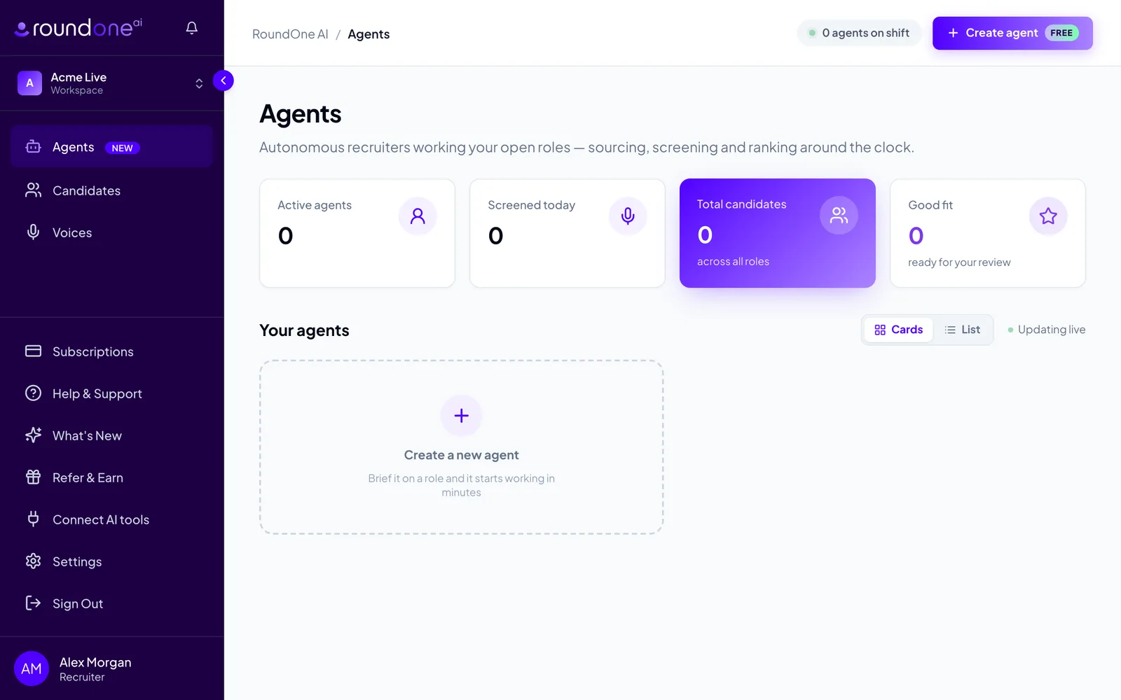 The Agents page of a new workspace with zero agents, a Create agent button, and the workspace name in the sidebar