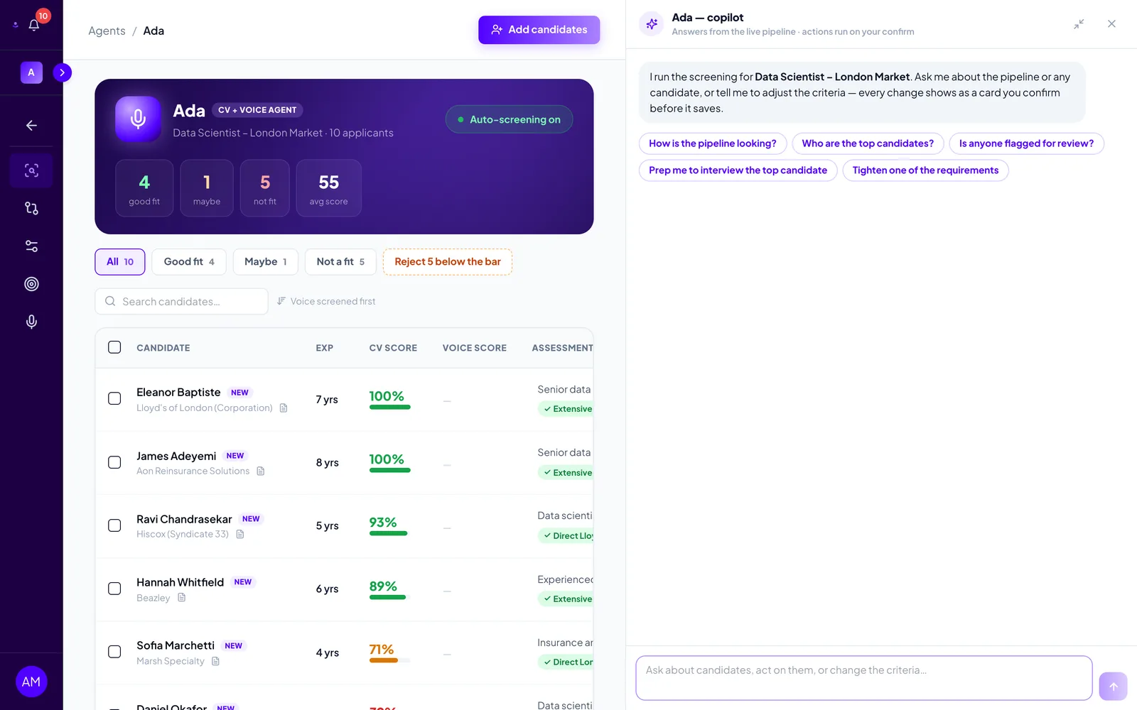 The Agent copilot rail opened on a pipeline, showing the welcome message and five suggested prompts such as "How is the pipeline looking?" and "Who are the top candidates?"