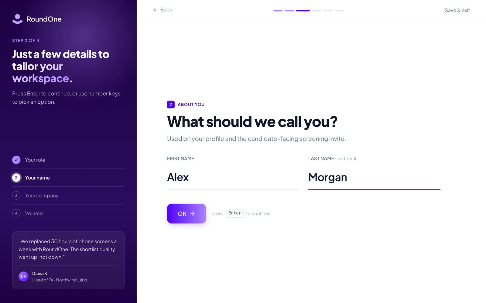 Step 2 of 4, "What should we call you?", with First name and Last name fields filled in