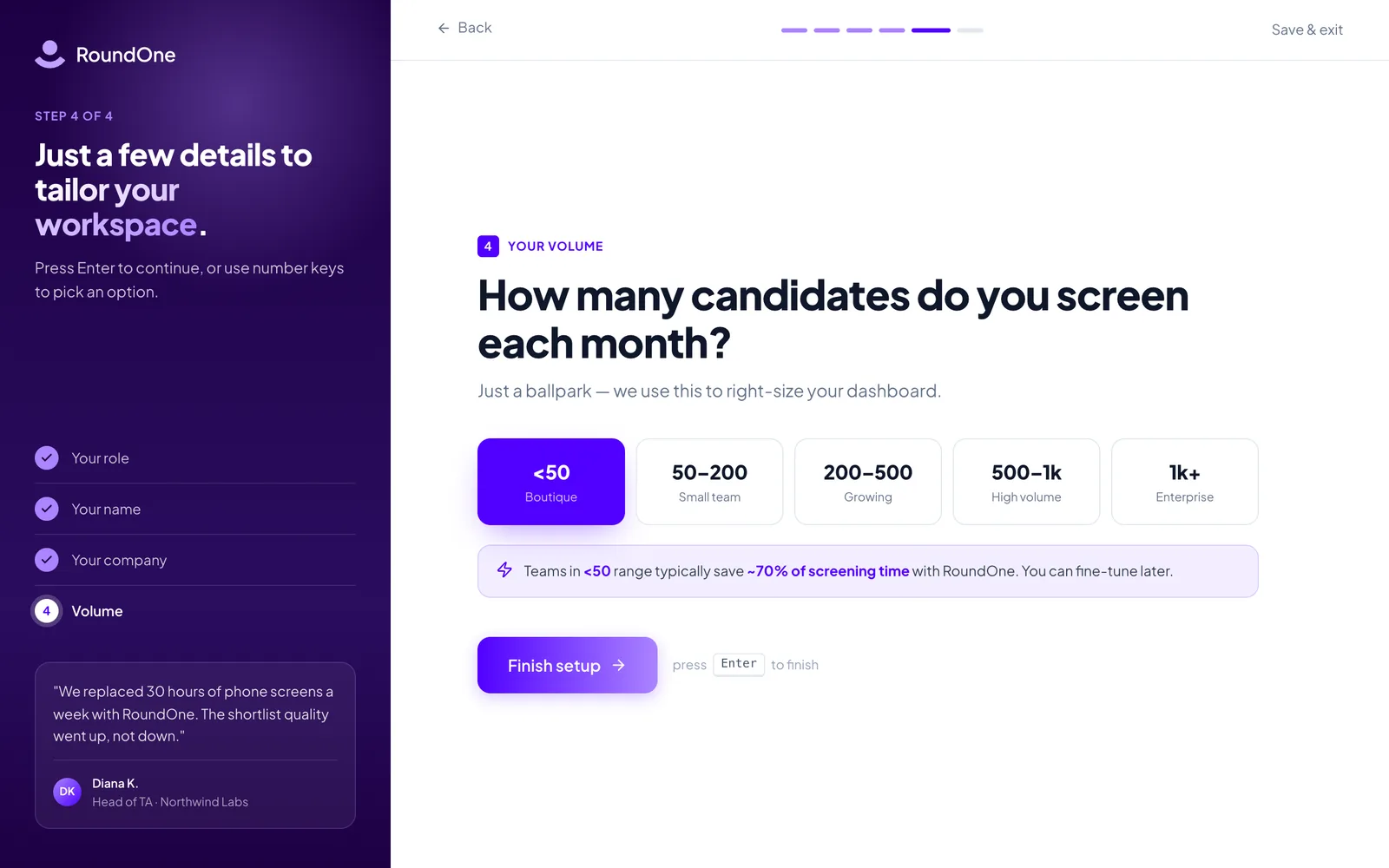 Step 4 of 4, "How many candidates do you screen each month?", with the under-50 Boutique option selected and a Finish setup button