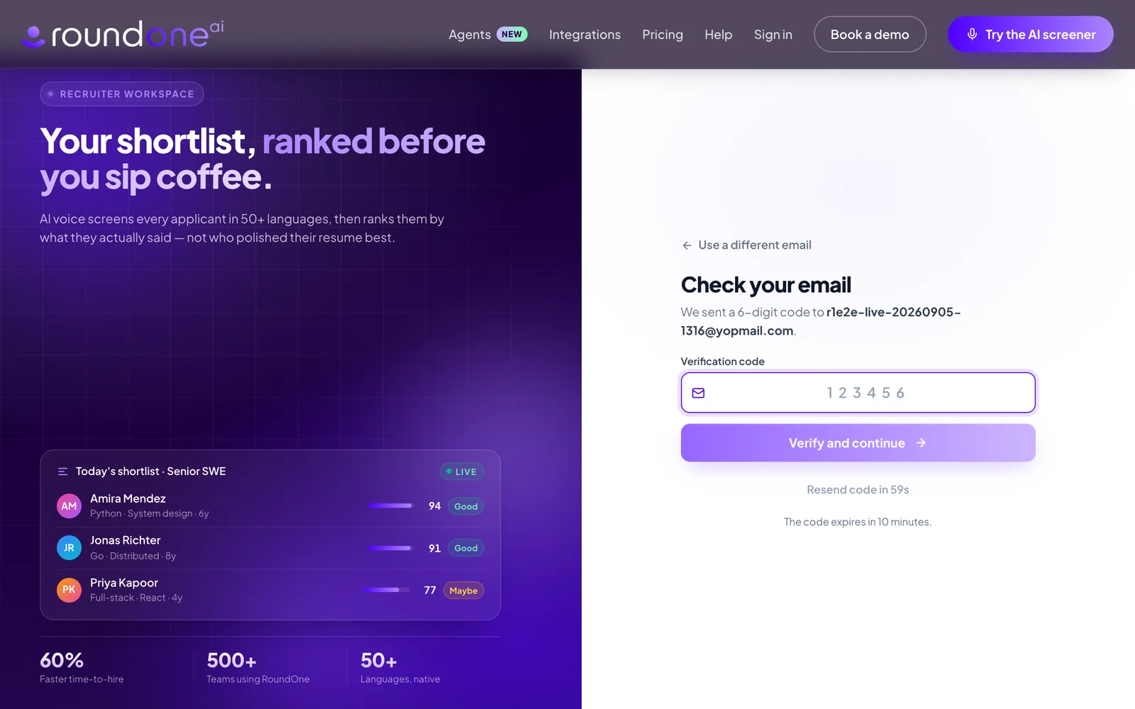 The "Check your email" step showing a Verification code field, a Verify and continue button, and a Resend code link