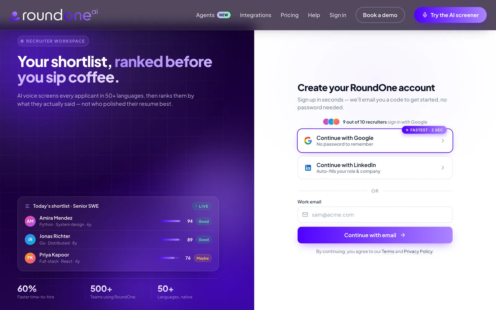 RoundOne "Create your RoundOne account" page with Continue with Google, Continue with LinkedIn, and a Work email field