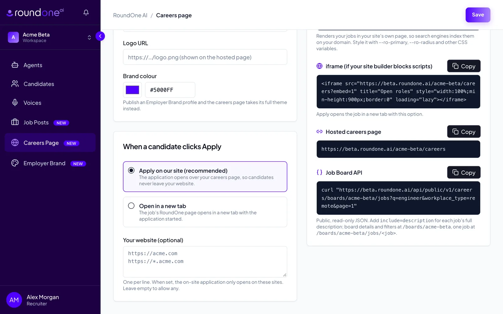The "Add it to your website" card scrolled to the Hosted careers page link and the Job Board API box, showing a curl request to /api/public/v1/careers/boards/acme-beta/jobs