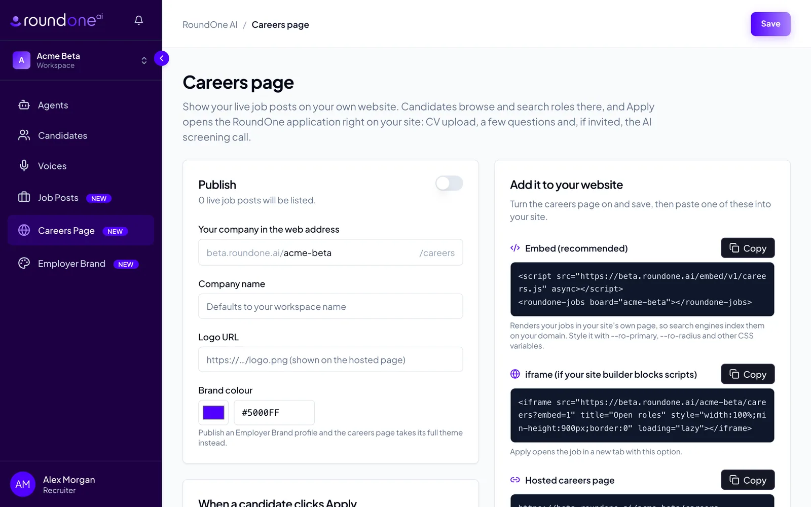 Careers page settings: a Publish card with an on/off toggle and "Your company in the web address" field, and an "Add it to your website" card with Embed and iframe snippets