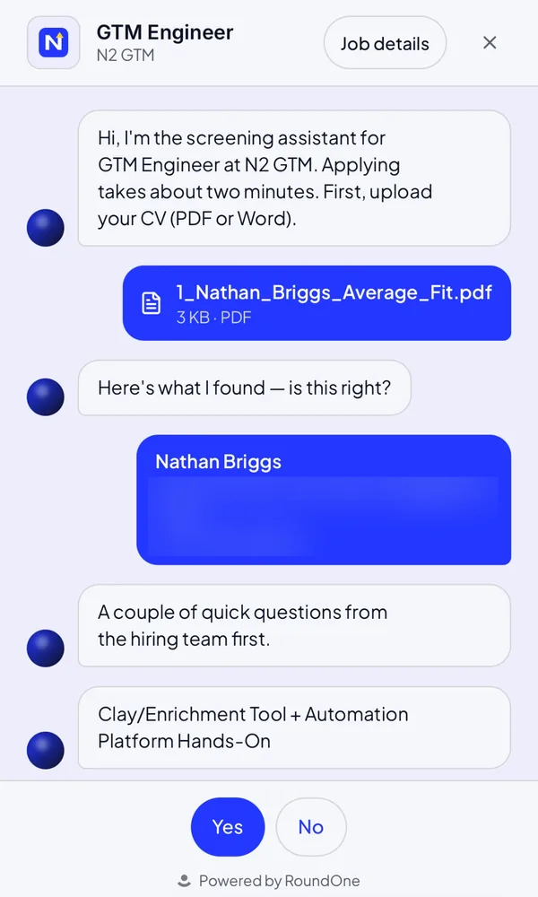 Branded apply chat: CV uploaded, details confirmed, then a knockout question with Yes and No.