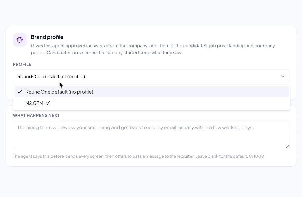 Brand profile picker on a screening agent, with the N2 GTM profile ready to choose.