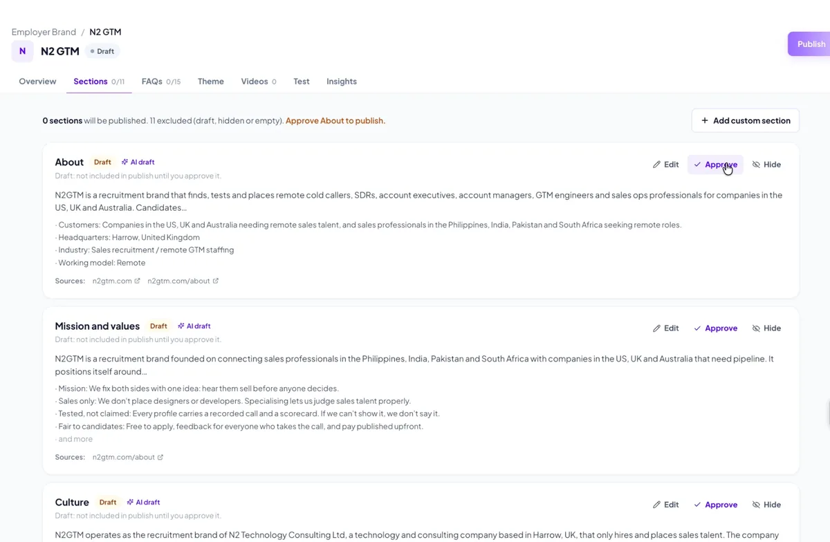 Review screen: AI-drafted sections (About, Mission and values, Culture) with Edit, Approve and Hide on each.